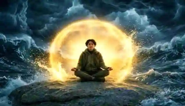 एक व्यक्ति समुद्र के तूफान के बीच एक चमकते सुनहरे घेरे में ध्यान (Meditation) कर रहा है, जो आध्यात्मिकता और शांति का प्रतीक है। (A person meditating in a glowing golden sphere on a rock amidst a stormy ocean, symbolizing spirituality and calm.)