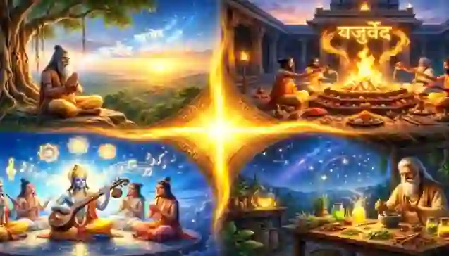 चार प्रकार के वेदों—ऋग्वेद, यजुर्वेद, सामवेद और अथर्ववेद—का प्रतीकात्मक चित्रण, जो स्वर्ण प्रकाश से एकजुट हैं। (Symbolic illustration of the four types of Vedas: Rigveda, Yajurveda, Samaveda, and Atharvaveda, unified by golden light.)