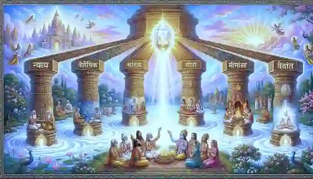 छह स्तंभों में दर्शाए गए 6 शास्त्र, प्रकाश और साधना का प्रतीक I (Six pillars of 6 Shastra, symbolizing light and meditation.)