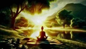 ध्यान करते हुए व्यक्ति, शांत झील के किनारे प्रकृति में — Meditation near a peaceful lake surrounded by nature.