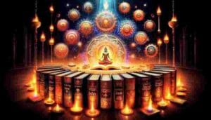A glowing semi-circle of ancient tomes labeled Puranas (पुराण) and Shastras (शास्त्र) surrounds an open book, above which a meditative figure sits illuminated by ethereal light, with floating celestial symbols and oil lamps casting a sacred ambience.