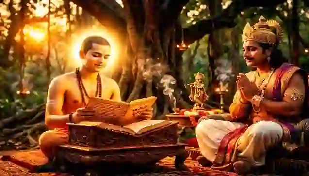 पवित्र वन में राजा परीक्षित को भागवत पुराण सुनाते श्रीशुकदेव गोस्। (Sage Shukadeva narrating Bhagavata Purana to King Parikshit in a sacred grove.)