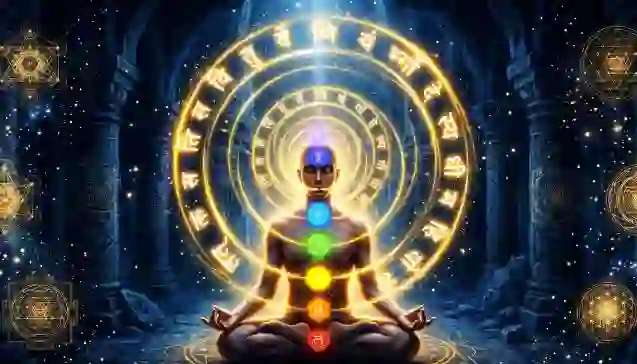 एक ध्यान मग्न व्यक्ति, जिसके चारों ओर सात चक्रों के रंग और सुनहरे संकेंद्रित वृत्तों में 'गायत्री मंत्र' के संस्कृत अक्षर खुदे हुए हैं। (A meditating figure with seven color-coded chakras and a golden concentric halo containing the Sanskrit letters of the Gayatri Mantra.)