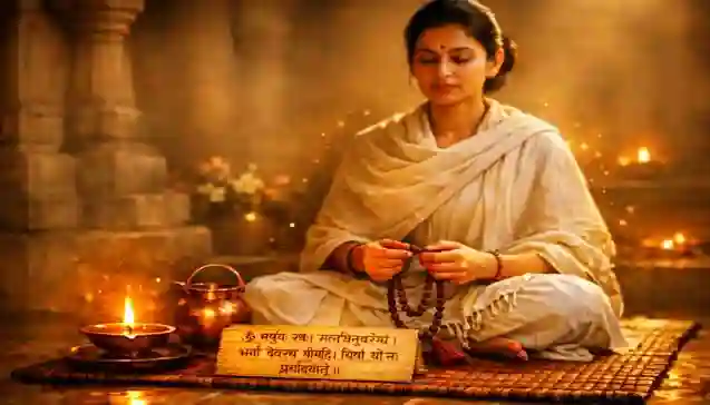एक महिला ध्यान मुद्रा में बैठी है, हाथ में जप माला लिए हुए और सामने गायत्री मंत्र की पट्टिका रखी है। (A woman sitting in a meditative pose, holding prayer beads (mala) with a wooden plaque of the Gayatri Mantra in front of her.)