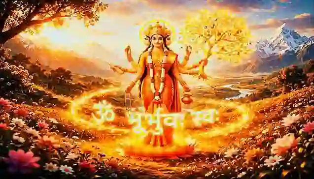 हिमालय की सुंदर वादियों में कमल पर विराजमान माँ गायत्री और उनके चारों ओर दिव्य ऊर्जा के रूप में चमकता हुआ गायत्री मंत्र। (Goddess Gayatri standing on a lotus in the Himalayas with the glowing Gayatri Mantra (Om Bhur Bhuva Svah) radiating divine energy.)