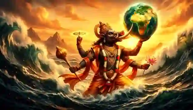 वराह पुराण के अनुसार, भगवान वराह सागर से पृथ्वी का उद्धार करते हुए। (Lord Varaha lifting the Earth globe from the ocean, as described in Varaha Purana.)