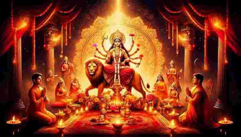 माँ दुर्गा का दिव्य स्वरूप, सिंह पर आरूढ़, भक्तजन श्रीदुर्गासप्तशती पाठ और पूजा करते हुए (Maa Durga seated on a lion with devotees performing Durga Saptashati path and rituals)