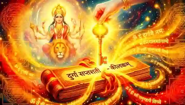 देवी दुर्गा, अथ कीलकम् की सुनहरी चाबी और दुर्गा सप्तशती ग्रंथ का दिव्य चित्रण, जो इसके लाभों को दर्शाता है। (Goddess Durga with the golden key unlocking the divine benefits of अथ कीलकम् and दुर्गा सप्तशती.)