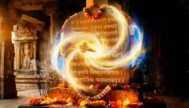 दुर्गा सप्तशती से अथ कीलकम् का प्रतिनिधित्व करने वाली एक मंदिर सेटिंग में चमकते संस्कृत श्लोकों और एक केंद्रीय दिव्य सील के साथ एक प्राचीन पत्थर की पट्टिका। (An ancient stone tablet with glowing Sanskrit shlokas and a central divine seal in a temple setting, representing Ath Kilakam from the Durga Saptashati.)