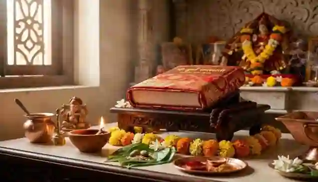 श्रीदुर्गासप्तशती पाठ नियम के अनुसार सजाया गया पारंपरिक हिंदू पूजन स्थल (Traditional Hindu altar arranged as per Shri Durga Saptashati Paath Niyam )
