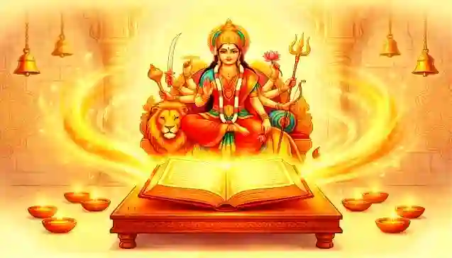 सिंह पर विराजमान देवी दुर्गा, शस्त्र और ग्रंथ सहित, श्रीदुर्गासप्तशती पाठ के फल का प्रतीक। (Goddess Durga seated on a lion with divine weapons and scriptures, symbolizing the fruits of Shri Durga Saptashati recitation. )