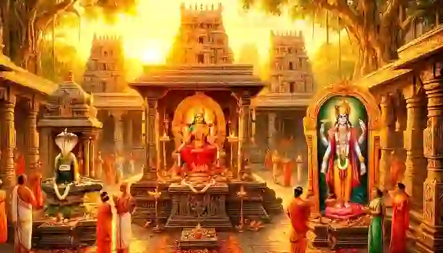 पीठापुरम (Pithapuram) का भव्य मंदिर परिसर, जहाँ देवी पुरुहुतिका, कुक्कुटेश्वर स्वामी (शिवलिंग) और कुंती माधव एक ही दृश्य में दिखाई दे रहे हैं। (Grand Pithapuram temple complex featuring Devi Puruhutika, Kukkuteshwar Swami (Shiva Linga), and Kunti Madhava in a single, sacred view.)