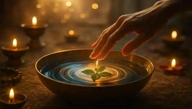 सप्तश्लोकी दुर्गा स्तोत्र अनुष्ठान: पारंपरिक दीयों से घिरे, पत्ती वाले जल के कटोरे में गोलाकार लहरों को धीरे से स्पर्श करता हाथ। (Hand gently touching the concentric ripples in a ritual water bowl with a leaf, surrounded by traditional lit oil lamps. Perfect for a Saptashloki Durga Stotra content.)