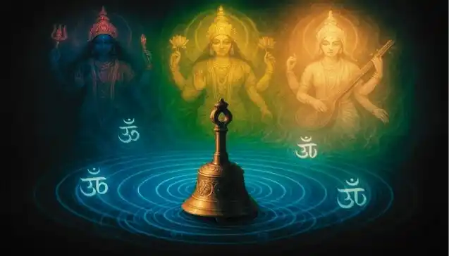 सप्तश्लोकी दुर्गा स्तोत्र: महाकाली, महालक्ष्मी और महासरस्वती की उपस्थिति में ॐ की उर्जा लहरें पैदा करती एक दिव्य घंटी। (A divine bell creating Om energy ripples with Mahakali, Mahalakshmi, and Mahasaraswati in the background for Saptashloki Durga Stotra.)