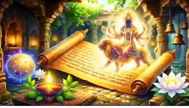 सप्तश्लोकी दुर्गा स्तोत्र: मंदिर के प्रांगण में एक प्राचीन ग्रंथ से प्रकट होती देवी दुर्गा की दिव्य आकृति, साथ में ढाल, दीपक और कमल। (Divine silhouette of Goddess Durga emerging from an ancient scroll in a stone temple courtyard, featuring a shield, lamp, and lotus. Ideal for Saptashloki Durga Stotra.)