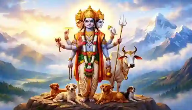 पर्वत शिखर पर पवित्र गाय (कामधेनु) और चार श्वान (वेद) के साथ भगवान दत्तात्रेय (श्रीपाद श्रीवल्लभ) का दिव्य स्वरूप। (Divine form of Bhagwan Dattatreya (Shripad Shrivallabh) with sacred cow and four dogs on a mountain peak.)