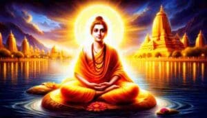 श्रीपाद श्रीवल्लभ ध्यानमग्न मुद्रा में, पवित्र आभा और दिव्य मंदिर पृष्ठभूमि - Shripad Shri Vallabh in meditation posture with divine aura and temple background