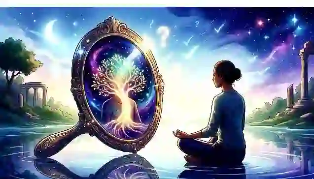 एक प्रतीकात्मक चित्र जिसमें एक व्यक्ति दर्पण में अपने प्रतिबिंब को निहार रहा है, जो 'स्वयं' की शक्ति और आंतरिक चेतना को दर्शाता है। (Symbolic illustration of a human figure with seven colorful energy centers, representing the 'inner self', power, and consciousness. Key focus words: स्वयं की शक्ति, आंतरिक चेतना.)