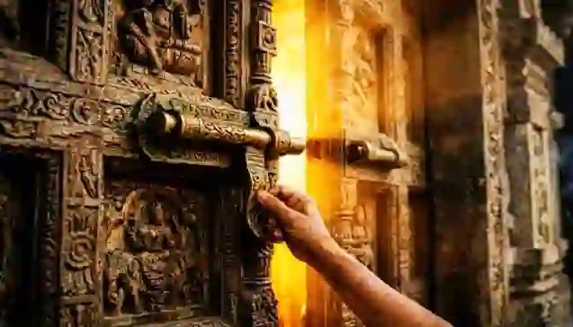 प्राचीन मंदिर के नक्काशीदार द्वार की अलंकृत कुंडी (अर्गला) खोलते हुए एक हाथ, जो अर्गला स्तोत्र द्वारा जीवन की बाधाओं को दूर करने का प्रतीक है। (A close-up shot of a hand lifting an ornate bronze bolt (Argala) on a carved temple door, symbolizing how Argala Stotra removes obstacles for divine grace.)