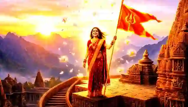 पारंपरिक भारतीय महिला लाल ध्वज के साथ मंदिर में, अर्गला स्तोत्र की शक्ति, विजय और यश का प्रतीक। (Traditional Indian woman with red flag at temple, symbolizing Argala Stotra’s power, victory, and success. )