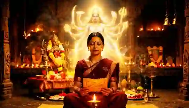 भक्ति भाव से अर्गला स्तोत्र का पाठ करती महिला, जिसके पीछे माँ दुर्गा की तेजस्वी और दिव्य स्वर्णिम आकृति आशीर्वाद दे रही है। (A woman peacefully chanting Argala Stotra with a magnificent glowing aura of Goddess Durga forming behind her.)