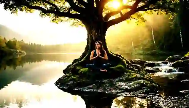 झील किनारे ध्यान मुद्रा में व्यक्ति, शांति और संतुलन का प्रतीक । (Meditating person by lake, symbol of peace and balance.)