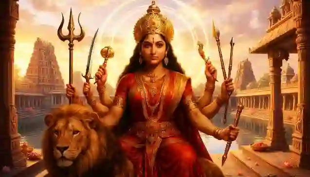 दुर्गा कवच के आशीर्वाद को दर्शाते मंदिर परिसर में माँ दुर्गा। (Maa Durga at a temple complex representing Durga Kavach blessings.)