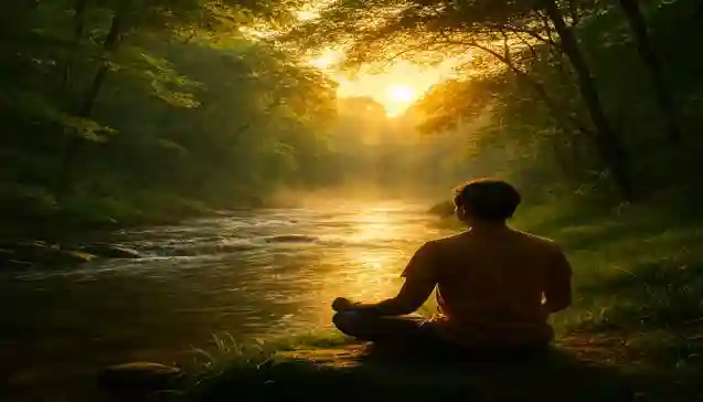 सूर्योदय के समय हरे-भरे जंगल में नदी के किनारे ध्यान मुद्रा में बैठा एक व्यक्ति, जो शांति और संतुलन का प्रतीक है। (A person sitting in a meditative pose by a calm river in a lush green forest during sunrise, symbolizing peace and balance.)