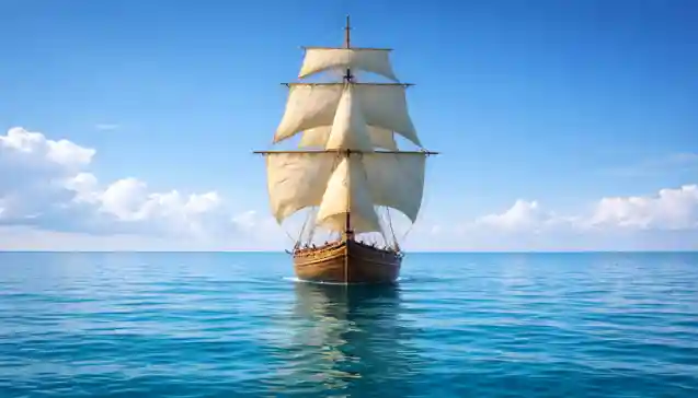 शांत समुद्र पर सुनहरी शाम में चलता हुआ एक भव्य जहाज, जो जीवन में शांति और संतुलन का प्रतीक है। (A majestic sailing ship gliding smoothly on a calm ocean at golden hour, representing peace and balance in life.)