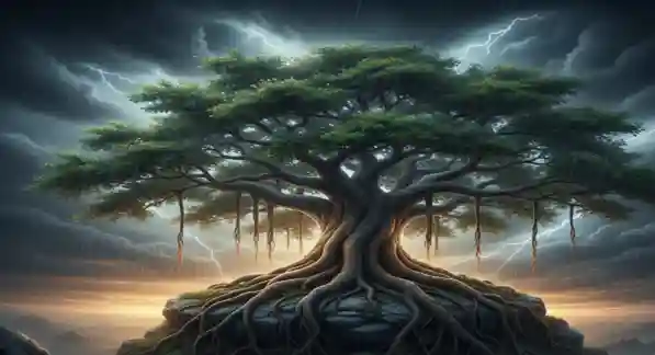 तूफान के बीच अडिग खड़ा एक विशाल वटवृक्ष जिसकी जड़ें गहरी हैं, जो आंतरिक शांति और संतुलन को दर्शाता है। (A large, majestic banyan tree with deep roots standing firm during a storm, symbolizing inner peace and balance.)