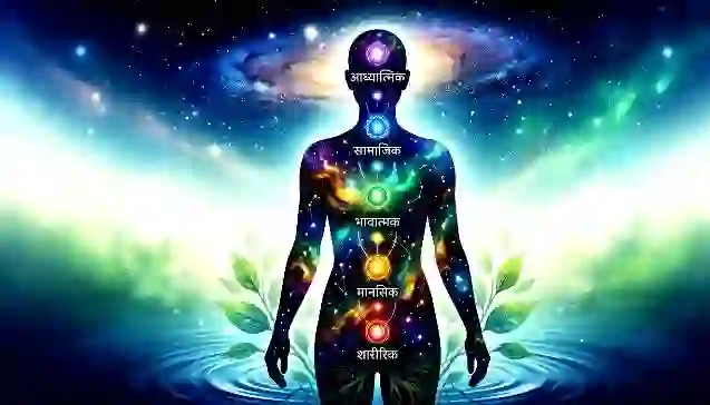 एक मानवीय आकृति जिसमें सात रंगीन ऊर्जा केंद्र हैं, जो 'स्वयं की शक्ति' और आंतरिक चेतना को दर्शाते हैं। (Symbolic illustration of a human figure with seven colorful energy centers, representing the 'inner self', power, and consciousness. Key focus words: स्वयं की शक्ति, आंतरिक चेतना.)