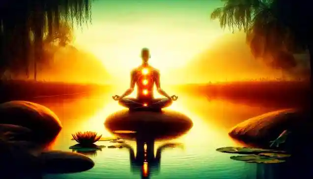 नदी किनारे ध्यान में बैठा एक व्यक्ति जो अपनी आंतरिक आवाज के जरिए सत्य की खोज कर रहा है। (A person meditating by the water to connect with their inner voice and find the ultimate truth.)