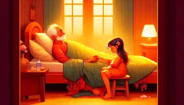 एक वृद्ध व्यक्ति बिस्तर पर लेटे हैं और एक छोटी बच्ची उनके हाथ को थामे बैठी है, दृश्य में आदर और जिम्मेदारी झलकती है। (An elderly man rests in bed while a young girl gently holds his hand, reflecting respect and responsibility. )