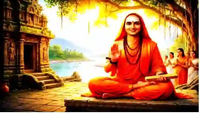 एक प्राचीन मंदिर के पास नदी तट पर स्तोत्र पांडुलिपि के साथ ध्यानस्थ आदि शंकराचार्य। (Adi Shankaracharya sitting in meditation by a river holding a stotra manuscript near a temple.)