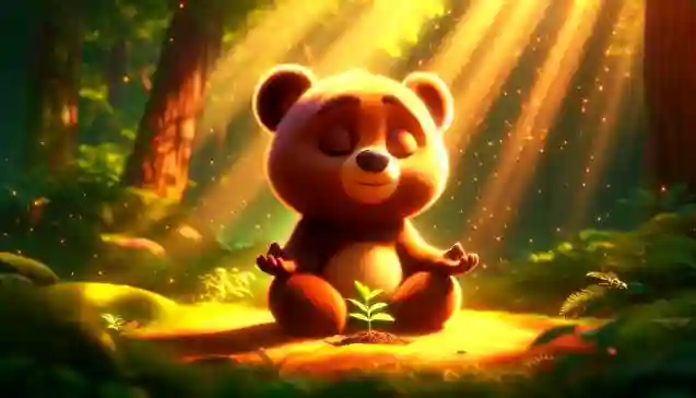 शांत भाव से ध्यान करता बबलू भालू और नए पौधे लगाता हुआ दृश्य — बबलू भालू की नैतिक कहानी का प्रेरक अंत। (Peaceful bear Bablu meditating and planting seeds in a sunny forest — a scene from Bablu Bhalu Ki Naitik Kahani about anger management.)