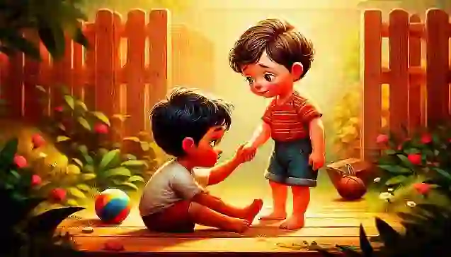 बगीचे में एक बच्चा अपने गिरे हुए दोस्त को हाथ देकर उठा रहा है, जो बच्चों में नम्रता और मददगार व्यवहार का उदाहरण है। (A young boy helping up his fallen friend in a garden, illustrating humility in children and helpful behavior.)