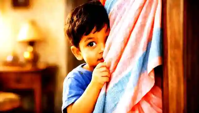 अपनी माँ के पीछे छिपा हुआ एक शर्मीला बच्चा, जो बच्चों में नम्रता और संस्कारों की शुरुआत को दर्शाता है।