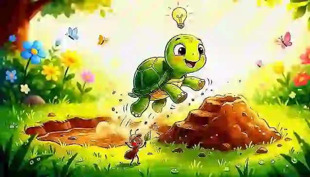 मिट्टी के ढेर को सीढ़ी बनाकर गड्ढे से बाहर छलांग लगाता एक नन्हा कछुआ, जिसके सिर के ऊपर चमकता हुआ बल्ब उसकी अद्भुत सोचने की शक्ति को दर्शाता है। (A determined baby turtle leaping out of a pit using a mound of dirt as stairs, with a glowing lightbulb above its head symbolizing the power of thinking.)