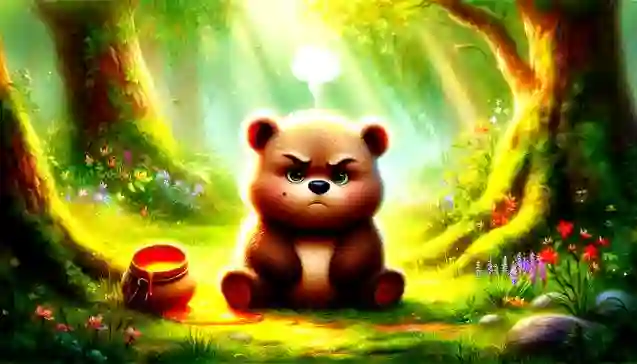 सुंदर जंगल में गुस्से में बैठा गोल-मटोल नन्हा भालू और पास में गिरा हुआ शहद का मटका — बबलू भालू की नैतिक कहानी का एक दृश्य। (A cute, chubby brown bear cub named Bablu looking angry in a lush forest near a spilled honey pot — a scene from Bablu Bhalu Ki Naitik Kahani.)