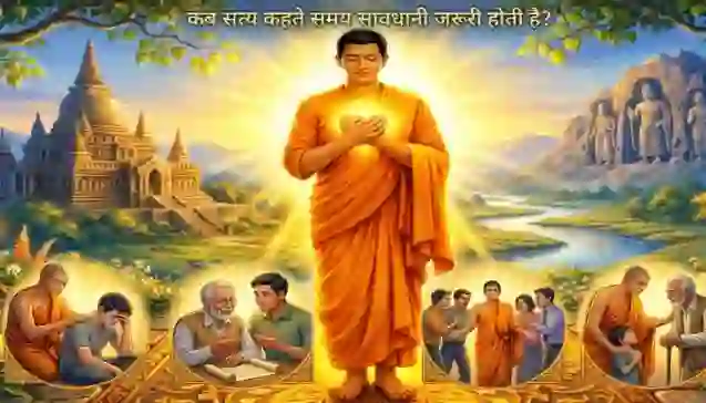 एक दिव्य भिक्षु और उनके चरणों में चार दृश्य, जो कठिन परिस्थितियों में करुणा के साथ 'सत्य' बोलने की कला को दर्शाते हैं। (A radiant monk surrounded by four scenarios illustrating the compassionate delivery of Satya to people in distress, anger, and different age groups.)