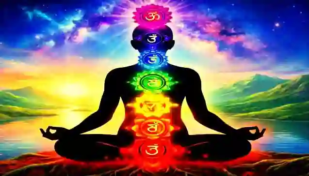 सात चमकते चक्रों और संस्कृत मंत्र प्रतीकों के साथ ध्यान मुद्रा में एक मानव आकृति। (A silhouette of a meditating person showing seven glowing chakras with Sanskrit mantra symbols.)