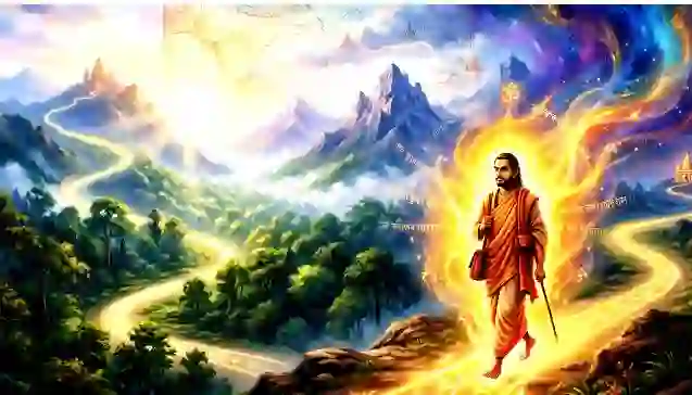 एक आध्यात्मिक साधक दिव्य मार्ग पर चलते हुए, जिसके चारों ओर मंत्र और स्तोत्र की ऊर्जा का प्रकाश है। (A spiritual seeker walking on a glowing path guided by an ancient map, surrounded by golden energy representing Mantra and Stotra.)