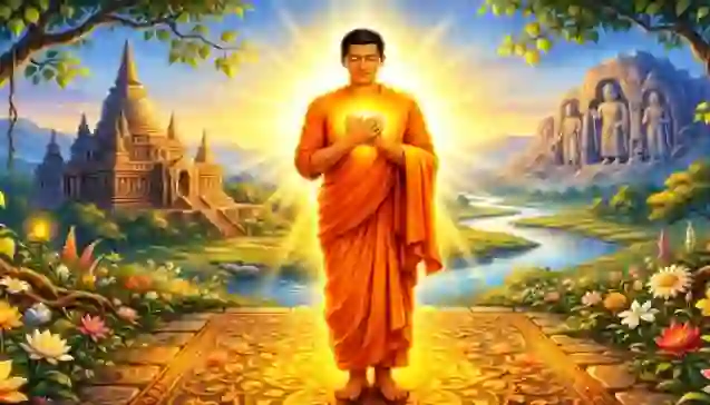 नारंगी वस्त्र पहने एक तेजस्वी भिक्षु, जो एक शांत परिदृश्य और मंदिर के बीच खड़े होकर आंतरिक सत्य का प्रतीक हैं। (A radiant monk in orange robes standing in a peaceful landscape with a temple and river, symbolizing the inner Satya.)