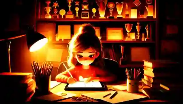 टैबलेट पर पढ़ाई करती हुई प्रिया, जिसके पीछे मेडल और ट्रॉफी सजे हैं, जो उसकी बुद्धिमानी और जिम्मेदारी के पाठ को दर्शाते हैं। (A smart girl named Priya solving math on a tablet, surrounded by trophies, representing her intellect and the upcoming lesson of responsibility.)