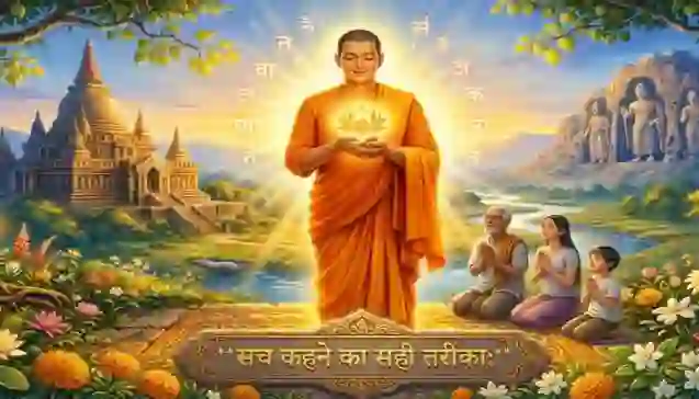 एक ज्ञानी भिक्षु, जो अपने हाथों में चमकता कमल लिए विभिन्न लोगों को सत्य (Saty) बोलने का सही और करुणामय तरीका समझा रहे हैं। (A wise monk holding a glowing lotus, teaching the right way of speaking Saty to a diverse group of people in a spiritual landscape.)