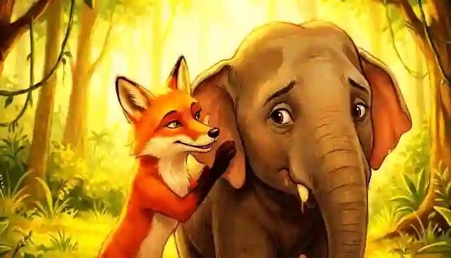 जंगल में एक लोमड़ी चिंतित हाथी के कान में चुपके से बात कर रही है, उसे 'सत्य की ताकत' पर सलाह दे रही है। (A wise fox whispers into the ear of a worried young elephant in a sunlit jungle, encouraging him to embrace the 'सत्य की ताकत' (Power of Truth).)