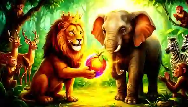 एक मुस्कुराते हुए मुकुटधारी राजा सिंह गज्जू हाथी को चमकता हुआ दिव्य फल दे रहे हैं, जो सत्य की ताकत की जीत का प्रतीक है। (A majestic crowned lion presenting a glowing sacred fruit to a happy elephant named Gajju in a bright, lush jungle, symbolizing the Power of Truth.)