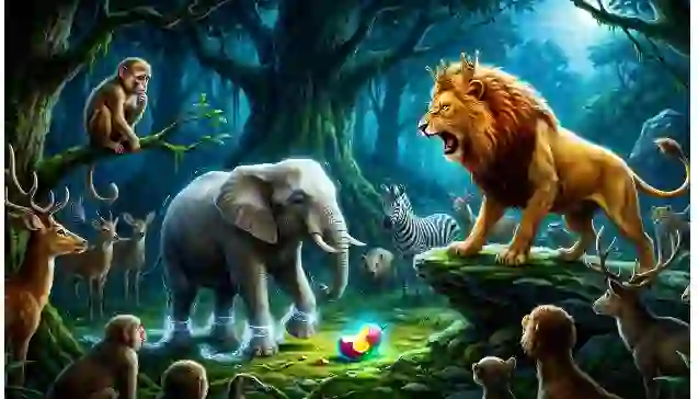 एक मुकुटधारी शेर पैरों में चमकती जंजीरों वाले हाथी पर दहाड़ रहा है, जमीन पर आधा खाया हुआ फल पड़ा है, जो सत्य की ताकत को नकारने के परिणामों को दर्शाता है। (A crowned lion roars at an elephant with glowing chains on its legs, with a half-eaten fruit on the ground, illustrating the consequences of denying the power of truth.)