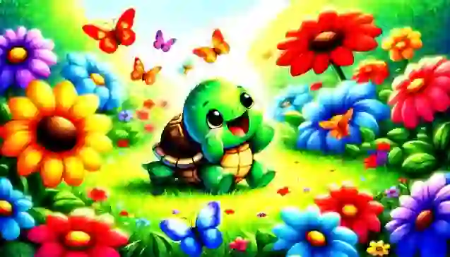 रंग-बिरंगे फूलों और तितलियों के बीच बैठा खुशमिजाज कछुआ, सोचने की शक्ति का प्रतीक। (Cheerful cartoon turtle in a colorful meadow with butterflies, symbolizing the power of thinking.)