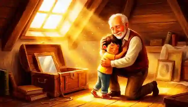 एक भावुक दृश्य जहाँ दादाजी अपने पोते आरव को गले लगा रहे हैं, जो यह दर्शाता है कि परिवार के संस्कार और आपसी प्रेम ही जीवन का सबसे बड़ा और असली खजाना हैं। (A heartwarming storybook-style illustration of an elderly grandfather and his young grandson hugging in a sunlit attic next to an open treasure chest, symbolizing the passing of Sanskar and family values.)